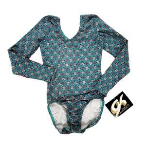 GK Elite VTG 90s Teal Pink Medallion Burst LS Cotton Leotard Bodysuit AS Adult S